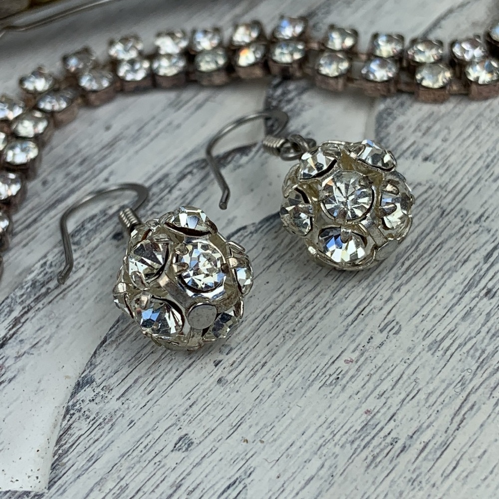 Vintage 90s Rhinestone Disco Ball Earrings Hair Barrette Clip Bracelet Party Set - Picture 4 of 5